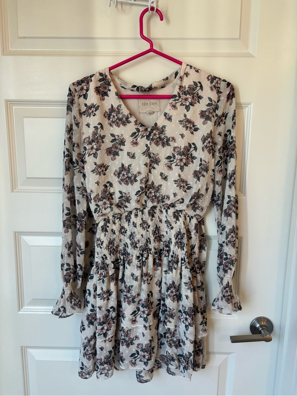 Nordstrom Cream Floral Long-Sleeve Smocked Waist Dress